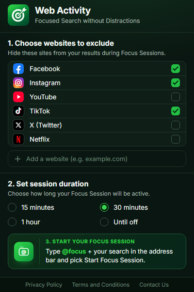Web Activity popup with Facebook, Instagram and TikTok selected and a 30 minute session